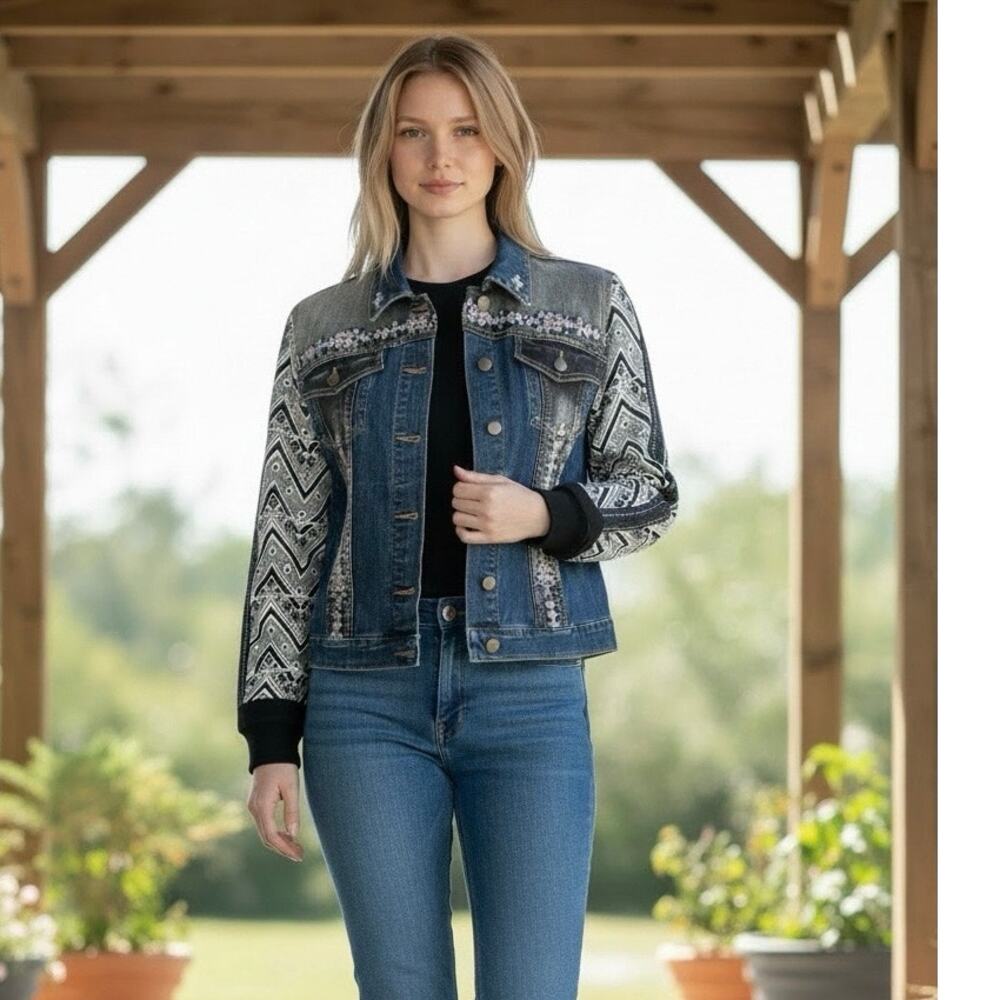 Reba Western Denim Jacket | Embroidered Aztec Sleeve Jean Jacket | Size Medium